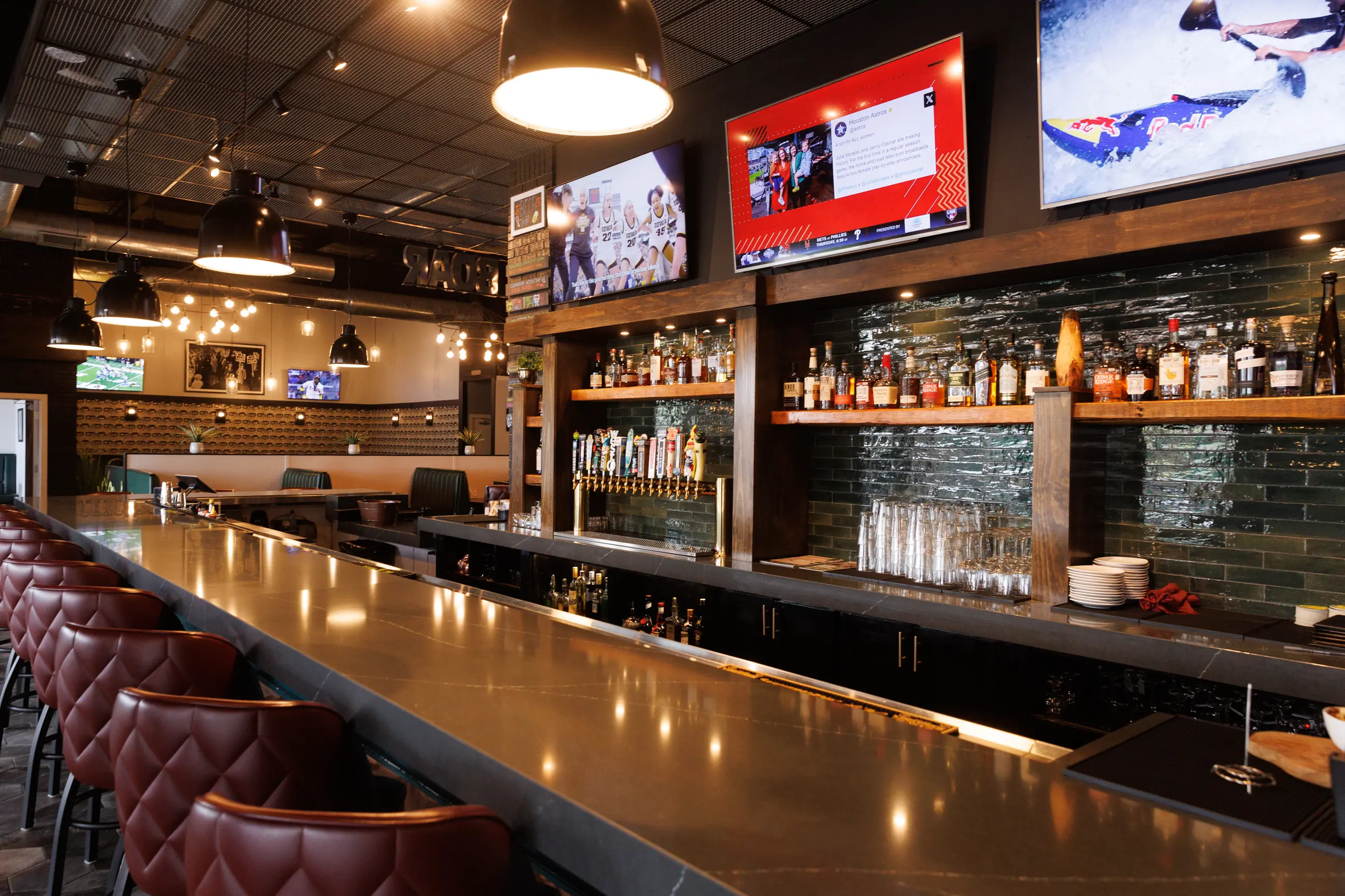 Finished restaurant and bar interior photographed for commercial marketing