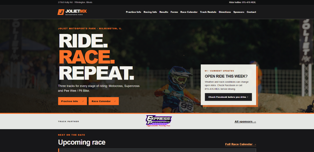 Desktop screenshot of the Joliet MX rebuild showing navigation, practice information, track partner and upcoming race section